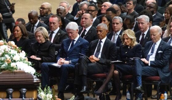 Former Presidents Bill Clinton, Barack Obama, and Joe Biden sit with former US vice president Kamala Harris and former US Secretary of State Hillary Clinton at the funeral service of Rev. Jesse Jackson at the House of Hope arena on March 6, 2026, in Chicago, Illinois.