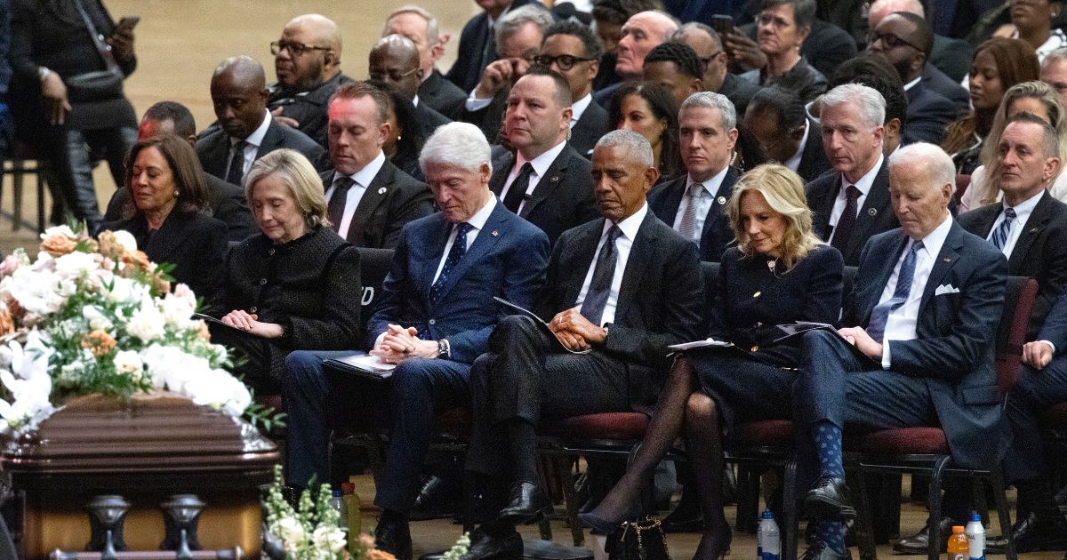 Former Presidents Bill Clinton, Barack Obama, and Joe Biden sit with former US vice president Kamala Harris and former US Secretary of State Hillary Clinton at the funeral service of Rev. Jesse Jackson at the House of Hope arena on March 6, 2026, in Chicago, Illinois.