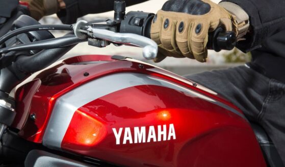 A close-up shot of a Yamaha XSR700 motorcycle.