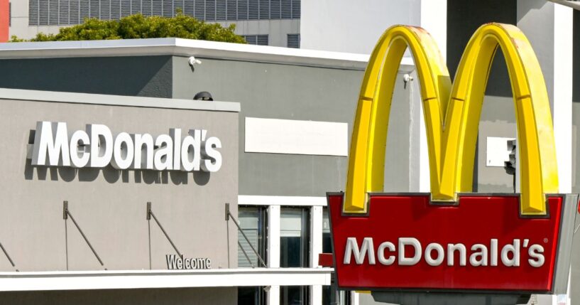 A McDonalds sign sits outside of a McDonald's branch in Miami on Dec. 3, 2023.