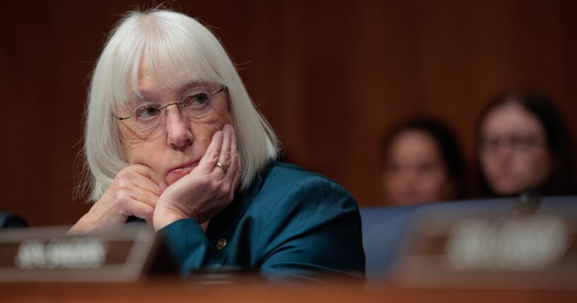 Sen. Patty Murray (D-WA) listens while National Institutes of Health Director Jayanta Bhattacharya testifies in the Dirksen Senate Office Building on Capitol Hill in Washington, DC on Feb. 3, 2026.