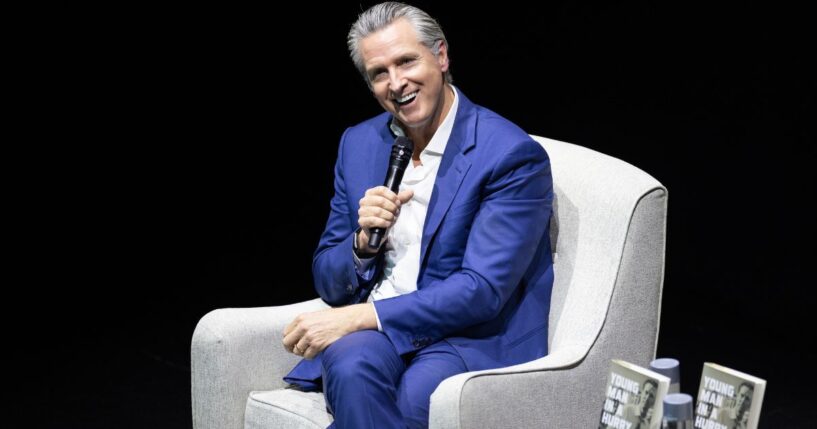 California Governor Gavin Newsom sits for an interview at an event promoting his book "Young Man in a Hurry" on Feb. 28, 2026 in San Francisco.
