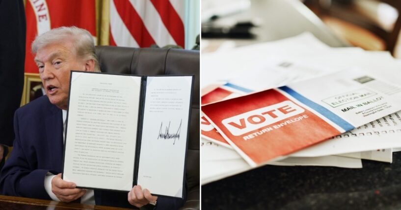 President Donald Trump signed an executive order to limit and better regulate mail-in voting in the Oval Office of the White House on March 31, 2026.