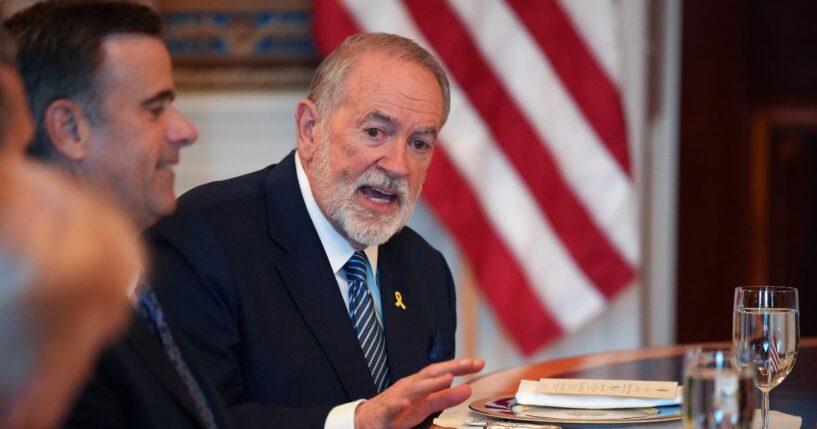 U.S. Ambassador to Israel Mike Huckabee speaks as President Donald Trump hosts Israeli Prime Minister Benjamin Netanyahu for a dinner at the White House in Washington, DC on July 7, 2025.
