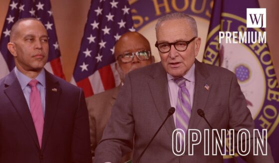Senate Minority Leader Chuck Schumer, a New York Democrat, right, joined by House Minority Leader Hakeem Jeffries, also a New York Democrat, left, and House Homeland Security Ranking Member Bennie Thompson, a Mississippi Democrat, speaks at a Feb. 4 news conference on Department of Homeland Security funding at the U.S. Capitol in Washington, D.C. Democrats have repeatedly sabotaged the economy with their dragged-out government shutdowns.