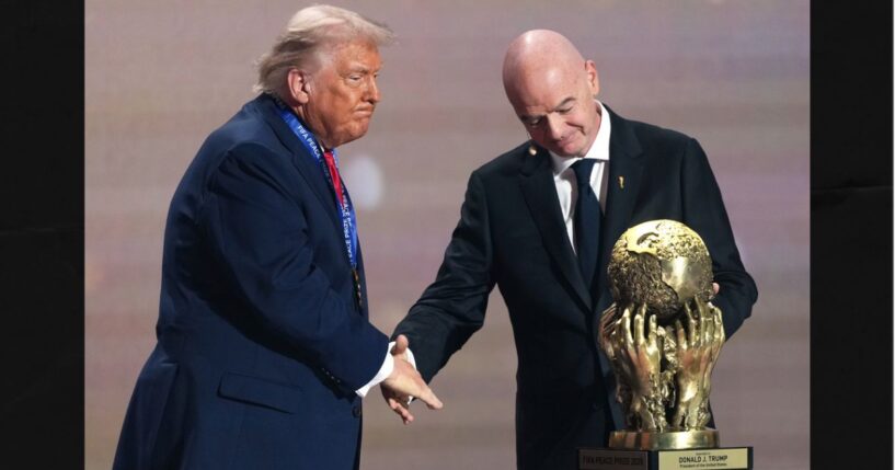 FIFA President Gianni Infantino presents President Donald Trump with the FIFA Peace Prize Dec. 5 during the draw for the 2026 soccer World Cup in Washington, D.C.