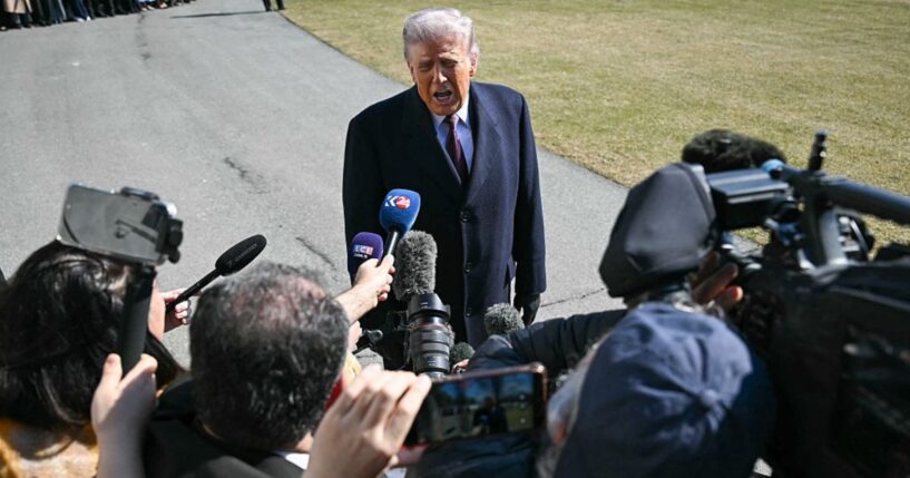 President Donald Trump speaks to the news media on the South Lawn of the White House in Washington, D.C., in a file photo taken Feb. 27.