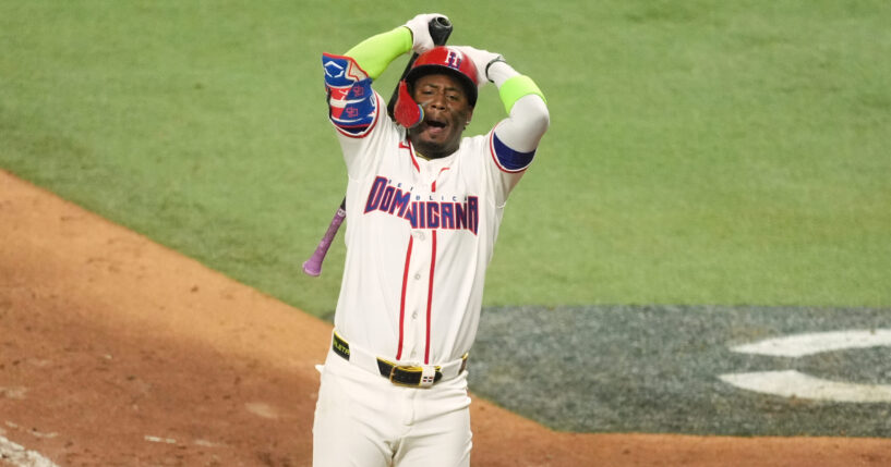 The Dominican Republic's Geraldo Perdomo reacts after striking out at the end of the ninth inning of a World Baseball Classic semifinal game against the United States on March 15, 2026, in Miami, Florida.