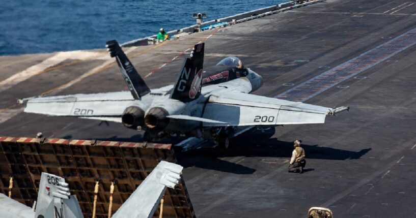 An F/A-18E Super Hornet launches from the USS Abraham Lincoln on Saturday in support of Operation Epic Fury, the American attack on the Islamic Republic of Iran.