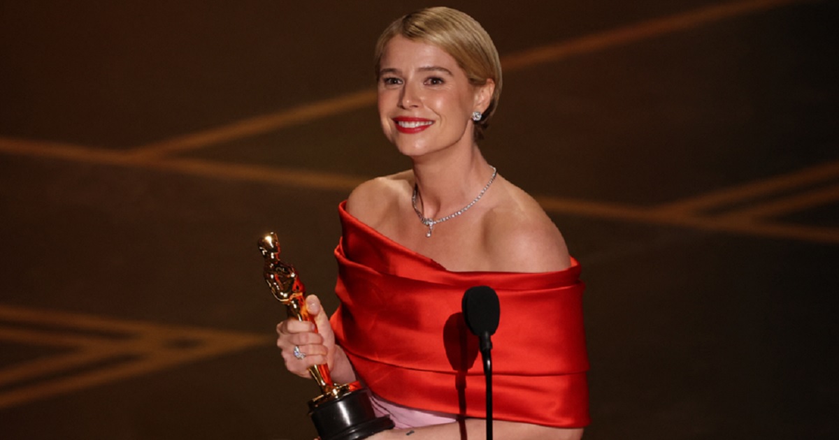 Irish actress Jessie Buckley accepts the award for Best Actress in a Leading Role for "Hamnet" onstage at the Dolby Theatre in Hollywood on Sunday.