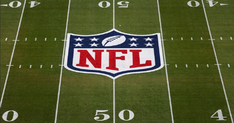 The NFL logo is pictured on the field at Levi's Stadium in Santa Clara, California, prior to Super Bowl LX.