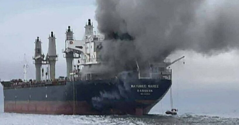 The Thailand-flagged oil tanker Mayuree Naree burns after an attack by Iranian forces in the Strait of Hormuz on Wednesday.