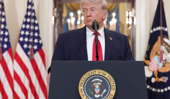 President Donald Trump pauses during a speech regarding the Iran war from the Cross Hall of the White House on April 1, 2026 in Washington, DC.