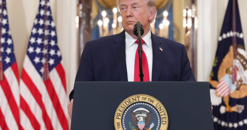 President Donald Trump pauses during a speech regarding the Iran war from the Cross Hall of the White House on April 1, 2026 in Washington, DC.