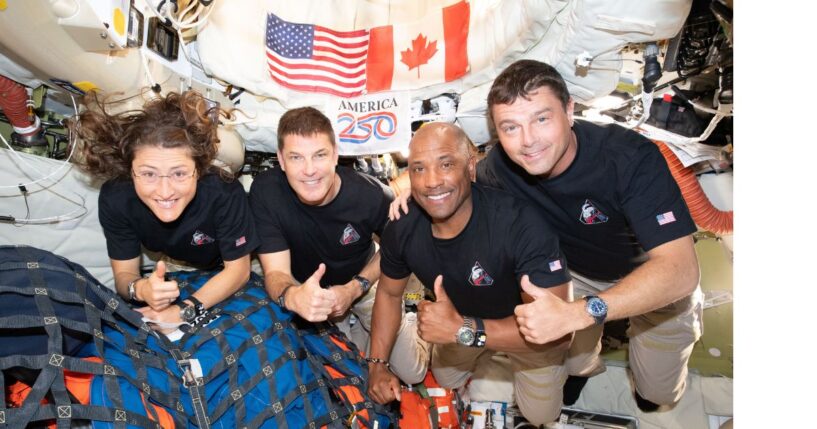 The Artemis II crew – from left, Mission Specialist Christina Koch, Mission Specialist Jeremy Hansen, Pilot Victor Glover, and Commander Reid Wiseman – pause for a group photo inside the Orion spacecraft on their way home. They are headed back to Earth for a splashdown in the Pacific Ocean Friday.