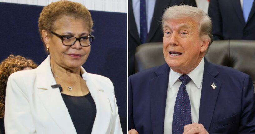 Los Angeles Mayor Karen Bass, left, met with President Donald Trump to ask for federal aid.