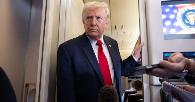 President Donald Trump speaks with the media aboard Air Force One during a flight from Dover, Delaware, to Miami, Florida, on March 7, 2026.