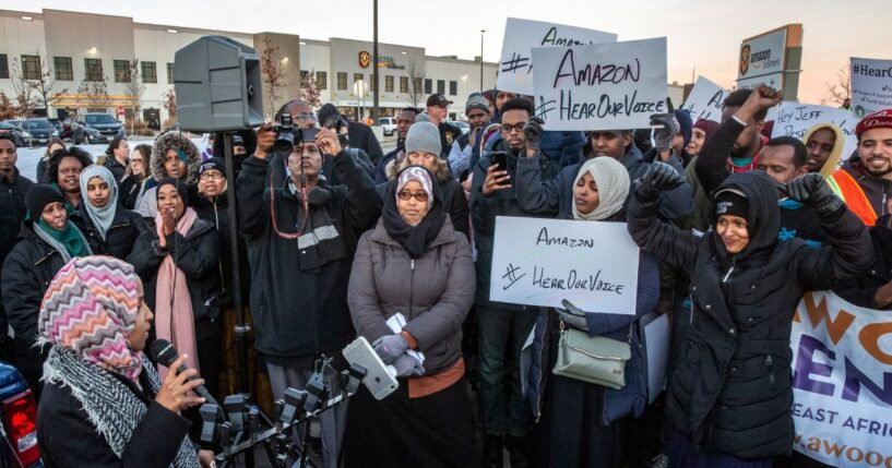 Rep. Ilhan Omar speaks during a rally at the Amazon fulfillment center in Shakopee, Minnesota, on Dec. 14, 2018.