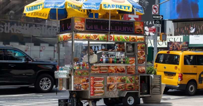 A Sabrett food cart that sells hot dogs is seen in Times Square, Midtown Manhattan, New York City, on July 5, 2022.