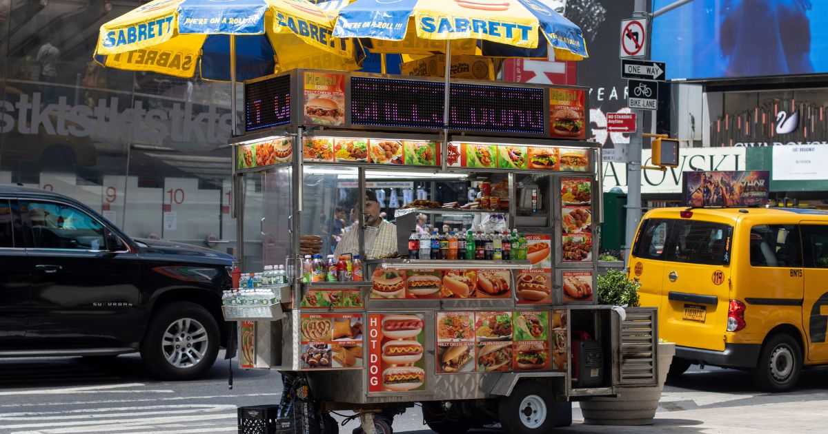 A Sabrett food cart that sells hot dogs is seen in Times Square, Midtown Manhattan, New York City, on July 5, 2022.
