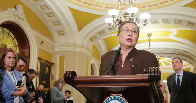 Sen. Tammy Duckworth speaks during a news conference following a weekly Democratic policy luncheon at the U.S. Capitol Building on Jan. 6, 2026, in Washington, D.C.