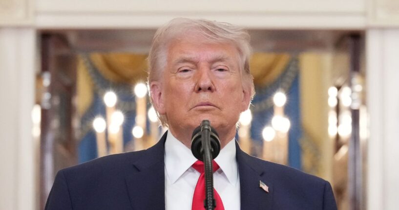 President Donald Trump pauses as he finishes speaking about the Iran war from the Cross Hall of the White House on Wednesday, April 1, 2026, in Washington, D.C.