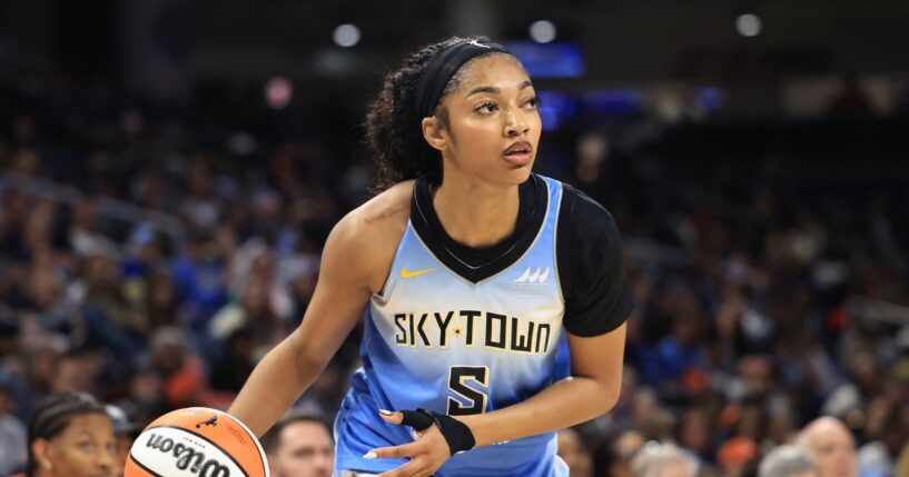 Angel Reese of the Chicago Sky dribbles the ball against the Connecticut Sun at Wintrust Arena on Sept. 3, 2025, in Chicago, Illinois.