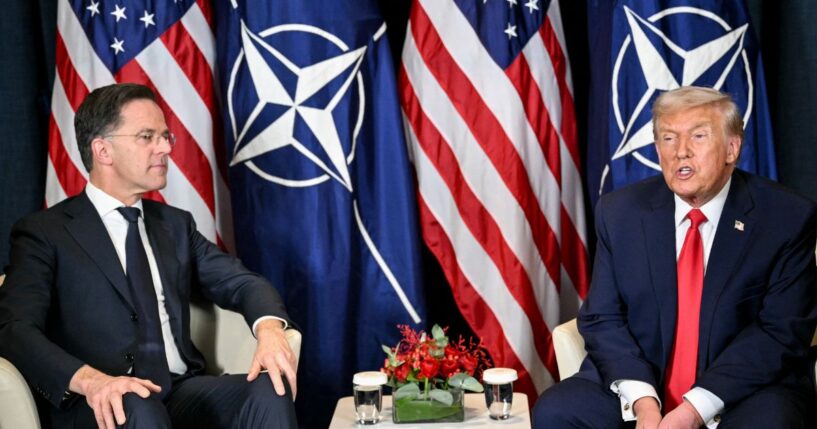 President Donald Trump speaks with NATO Secretary-General Mark Rutte during a bilateral meeting on the sidelines of the World Economic Forum annual meeting in Davos on Jan. 21, 2026.