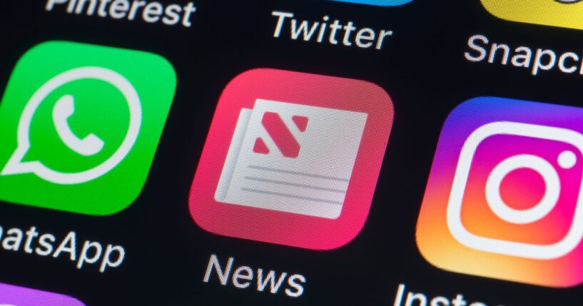 Apple News, WhatsApp, Instagram, Twitter, Snapchat, and other app buttons on the iPhone screen on July 24, 2018, in London, England.