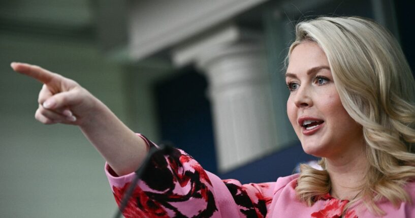 White House Press Secretary Karoline Leavitt speaks during a news briefing in the Brady Briefing Room of the White House in Washington, D.C., on March 30, 2026.