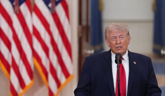 President Donald Trump speaks from the Cross Hall of the White House on April 1, 2026, in Washington, D.C.