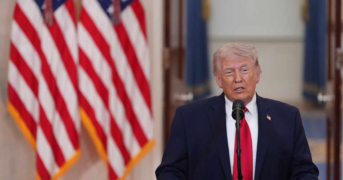 President Donald Trump speaks from the Cross Hall of the White House on April 1, 2026, in Washington, D.C.