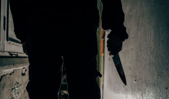 A murderer holds a bloodstained knife.