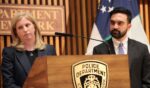 NYPD Commissioner Jessica Tisch speaks as New York Mayor Zohran Mamdani listens during a news conference on April 2, 2026, in New York City.