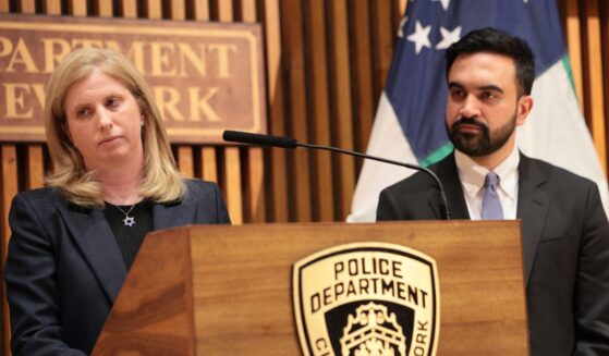 NYPD Commissioner Jessica Tisch speaks as New York Mayor Zohran Mamdani listens during a news conference on April 2, 2026, in New York City.