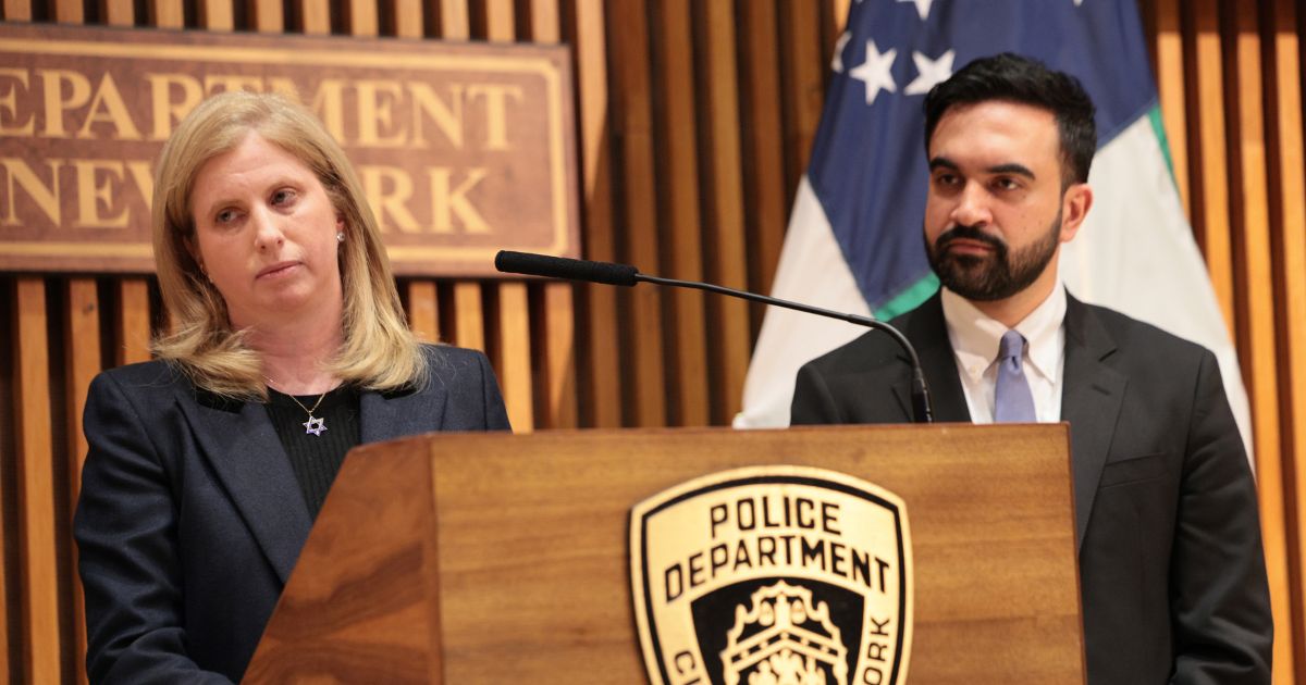 NYPD Commissioner Jessica Tisch speaks as New York Mayor Zohran Mamdani listens during a news conference on April 2, 2026, in New York City.