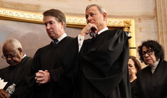 Supreme Court Justices Clarence Thomas and Brett Kavanaugh, Chief Justice John Roberts, and Supreme Court Justice Sonia Sotomayor bow their heads during inauguration ceremonies in the Rotunda of the U.S. Capitol on Jan. 20, 2025, in Washington, D.C.