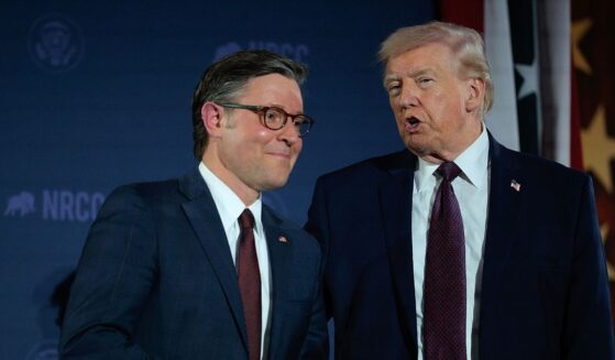 President Donald Trump and House Speaker Mike Johnson attend the National Republican Congressional Committee's annual fundraising dinner at Union Station on March 25, 2026, in Washington, D.C.