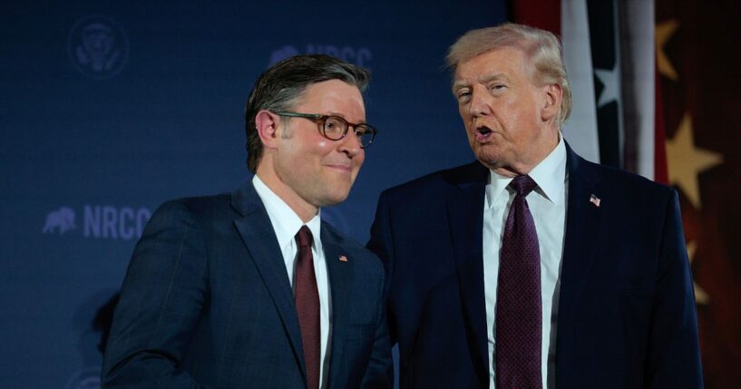President Donald Trump and House Speaker Mike Johnson attend the National Republican Congressional Committee's annual fundraising dinner at Union Station on March 25, 2026, in Washington, D.C.