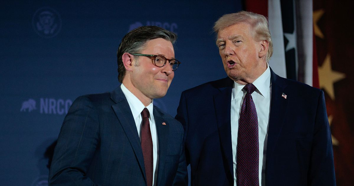 President Donald Trump and House Speaker Mike Johnson attend the National Republican Congressional Committee's annual fundraising dinner at Union Station on March 25, 2026, in Washington, D.C.