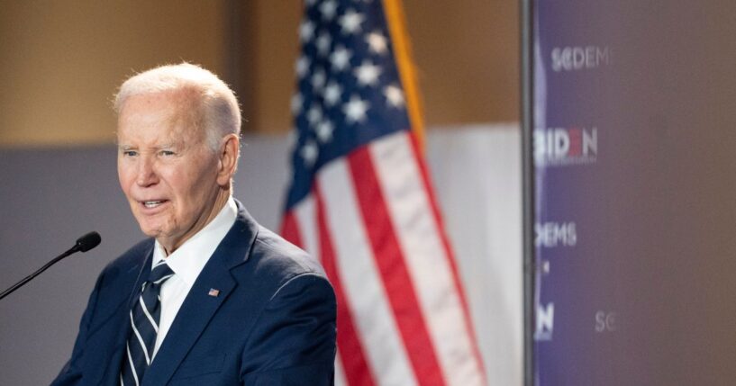 Former President Joe Biden speaks to a crowd during a fundraising event with the South Carolina Democratic Party at the Columbia Museum of Art on Feb. 27, 2026, in Columbia, South Carolina.