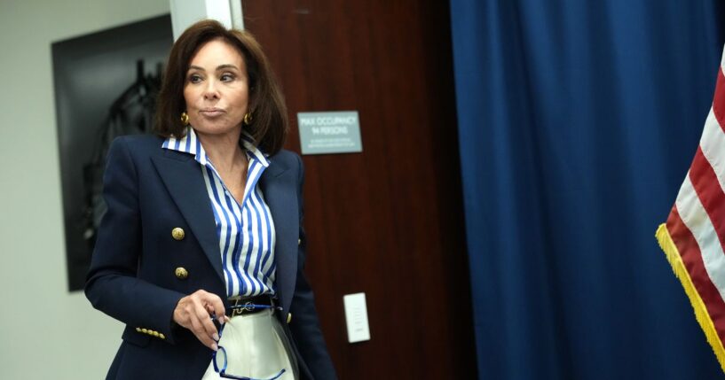 U.S. Attorney Jeanine Pirro arrives for a news conference announcing arrests in the murder of congressional intern Eric Tarpinian-Jachym, at the U.S. Attorney's Office on Sept. 5, 2025, in Washington, D.C.
