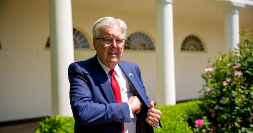 Texas Lt. Gov. Dan Patrick arrives for a National Day of Prayer event hosted by President Donald Trump in the Rose Garden at the White House on May 1, 2025, in Washington, D.C.