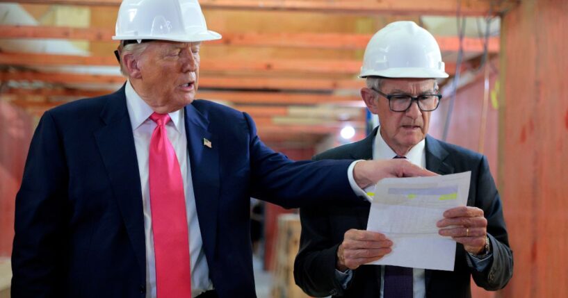 President Donald Trump and Federal Reserve Chair Jerome Powell tour the Federal Reserve’s $2.5 billion headquarters renovation project on July 24, 2025, in Washington, D.C.