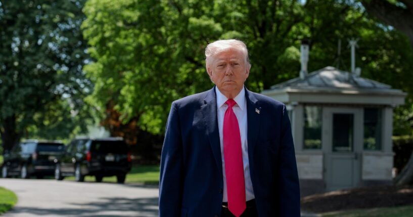 President Donald Trump walks over to speak to the media before boarding Marine One on the South Lawn of the White House on April 16, 2026, in Washington, D.C.