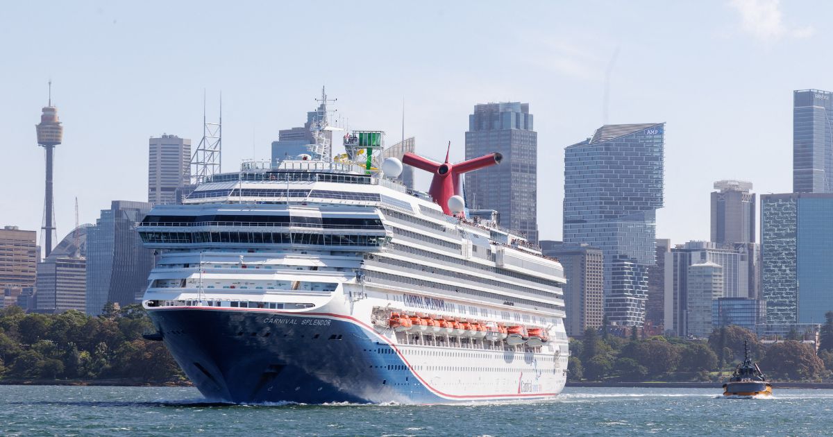 Large Carnival Splendor cruise ship sailing in Sydney Harbor with the skyline in the background in Sydney in the state of New South Wales in southeastern Australia on Feb. 13, 2025.