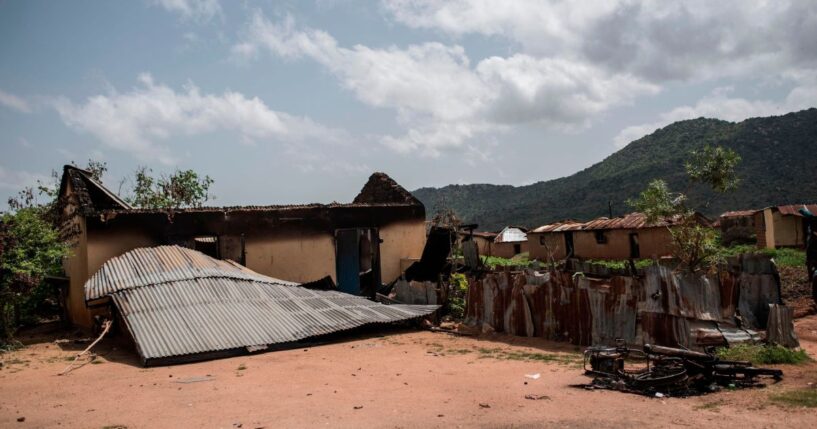 A burned down house is seen on June 27, 2018, in the Ganaropp village near Jos, Nigeria, after Fulani herdsman attacked the village.