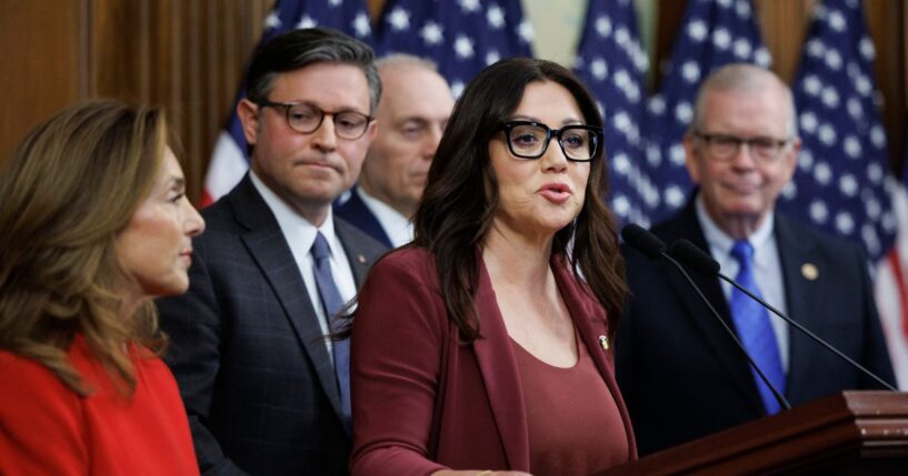 Secretary of Labor Lori Chavez-DeRemer speaks alongside House Republican leadership at a news conference on Nov. 4, 2025, on Capitol Hill in Washington, D.C.