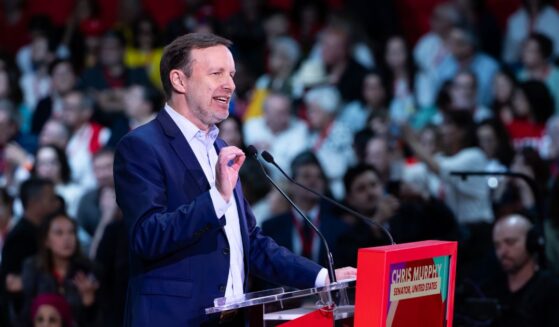 Sen. Chris Murphy speaks during the Global Progressive Mobilisation at Fira Barcelona on April 18, 2026, in Barcelona, Spain.
