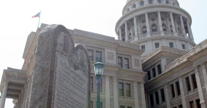 A Ten Commandments monument stands outside the Texas State Capitol on June 27, 2005, in Austin, Texas.